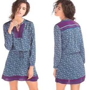 GAP 100% Rayon Crepe Floral Mini Dress Tie Neckline Tie Elasticized Waist Sz S
